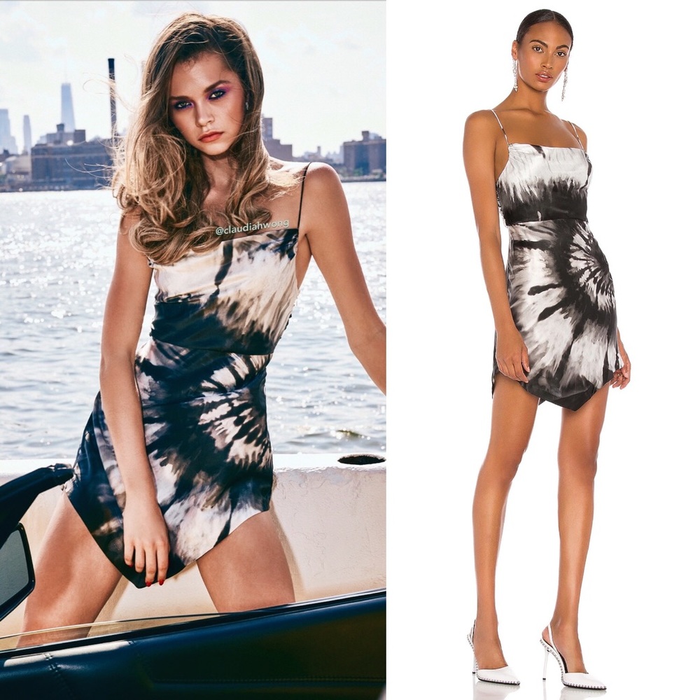 RETROFETE 100% Silk Tie Dye Cowl Mini Slip Dress in Black White